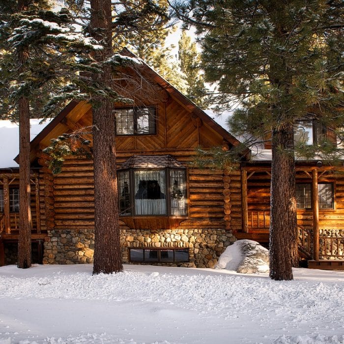 log-cabin with trees in front shade