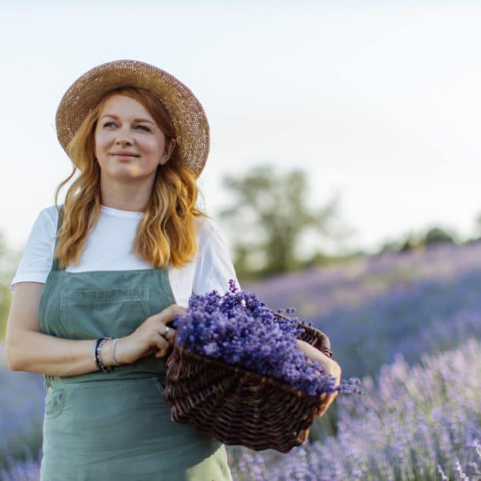 woman in green overalls carrying basket of lavender
