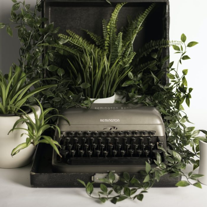 typewriter and plants