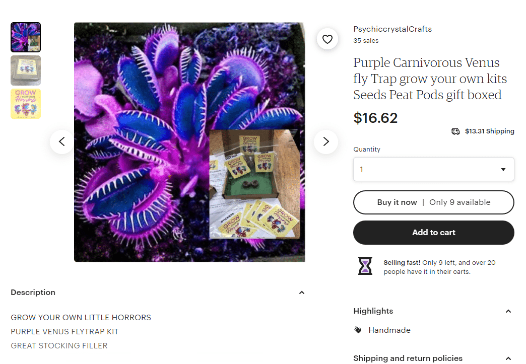 An example of a scam purple Venus flytrap listing